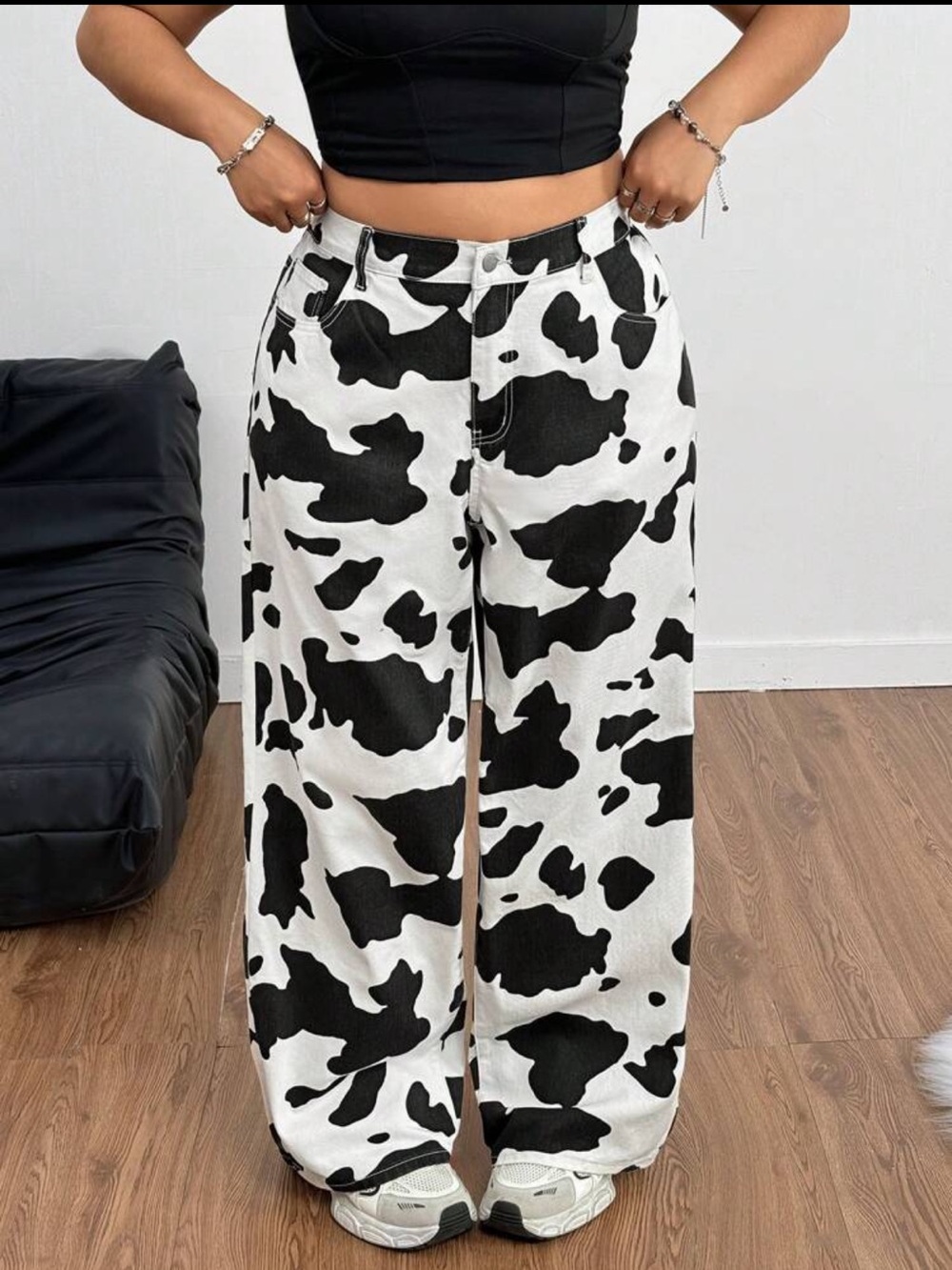 SHEIN Wide Leg Cow Print Denim Pants - Black & White EUC